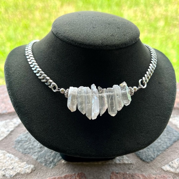 Angel aura crystal quartz on stainless steel chain boho goth choker necklace - Picture 8 of 10